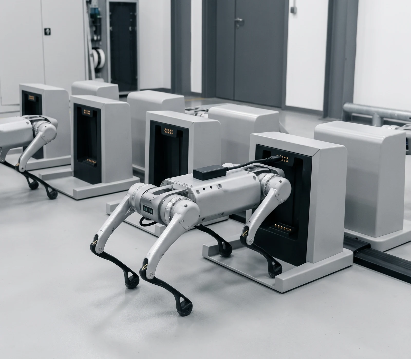 Quadruped robots using unattended industrial charging docks