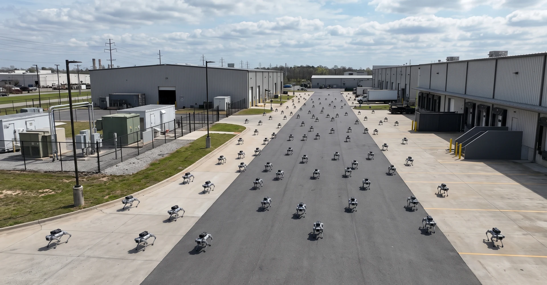 Large fleet of compact quadruped robots deployed across an industrial site
