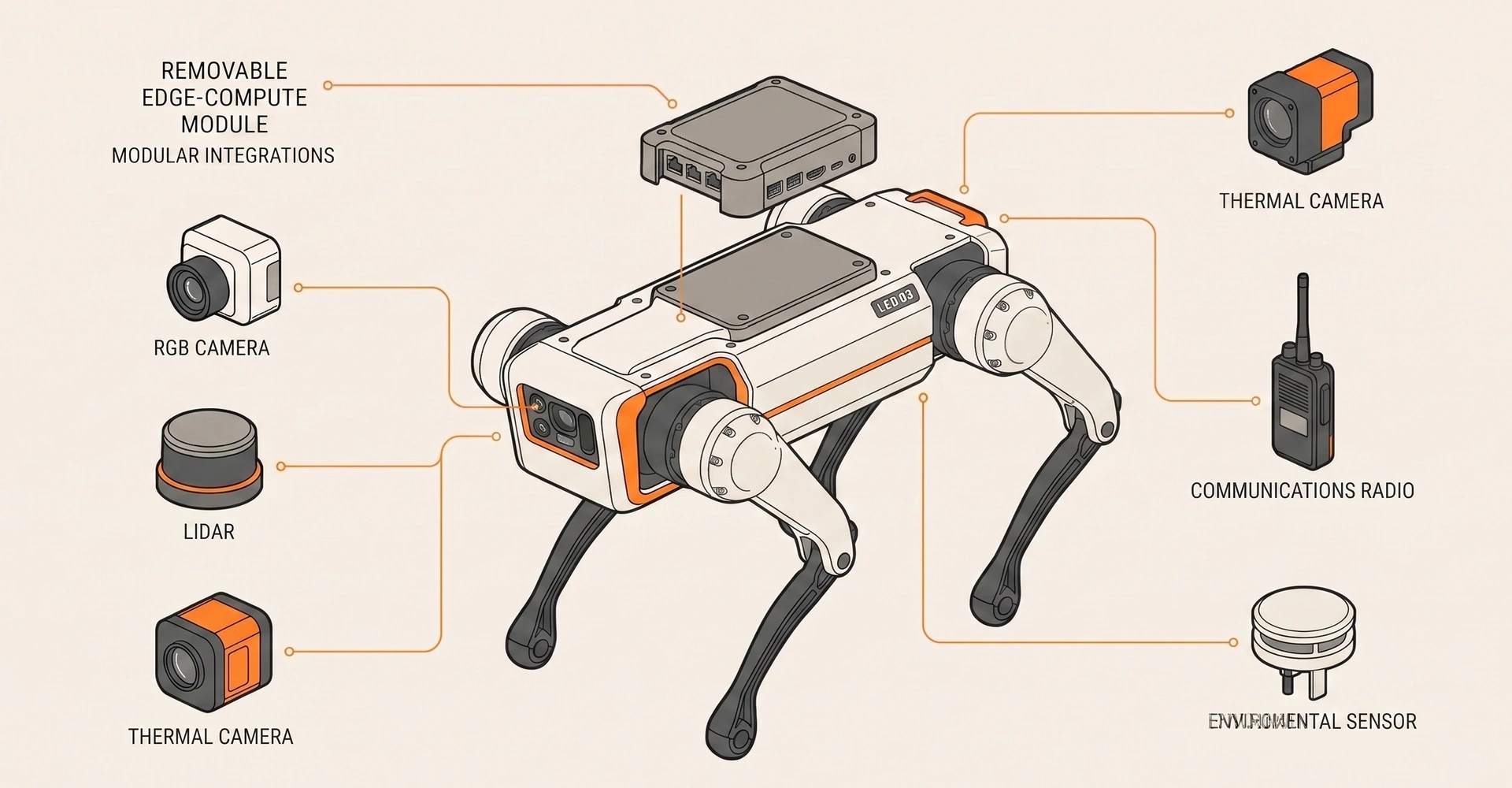 D2 modular integration architecture with compute, cameras, LiDAR, radio, and environmental sensors