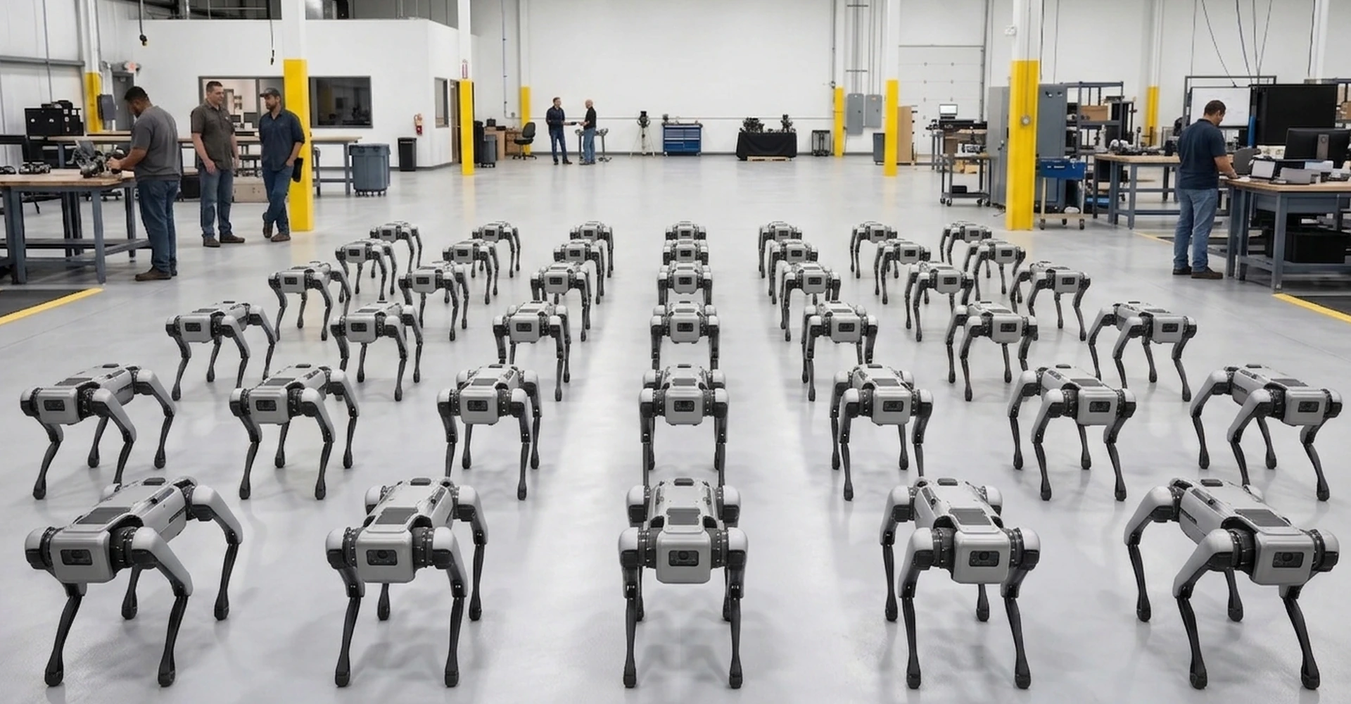 Fleet of compact quadruped robots in a U.S. assembly facility