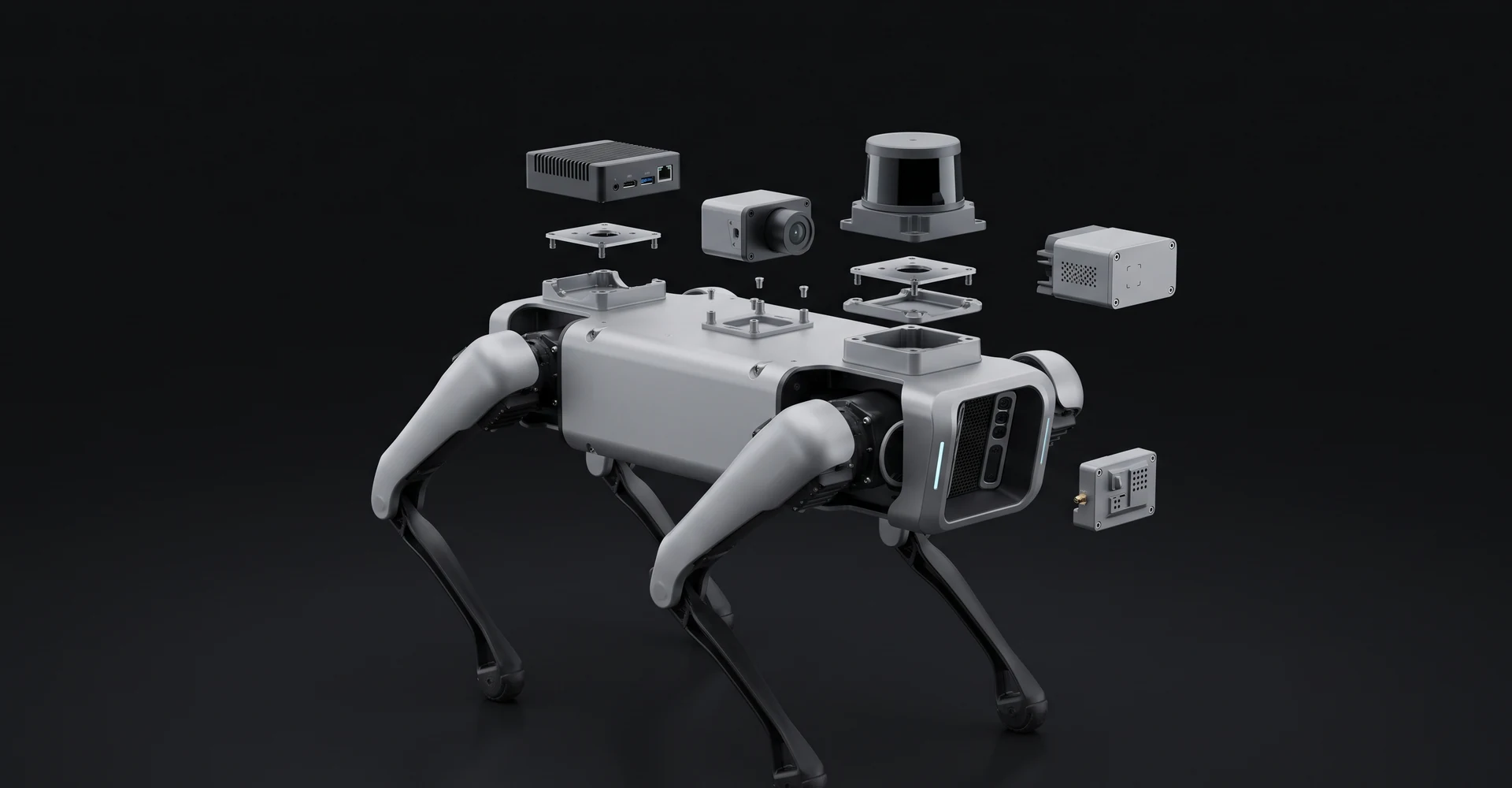 Exploded view of optional D2 compute, camera, LiDAR, modem, and sensor modules