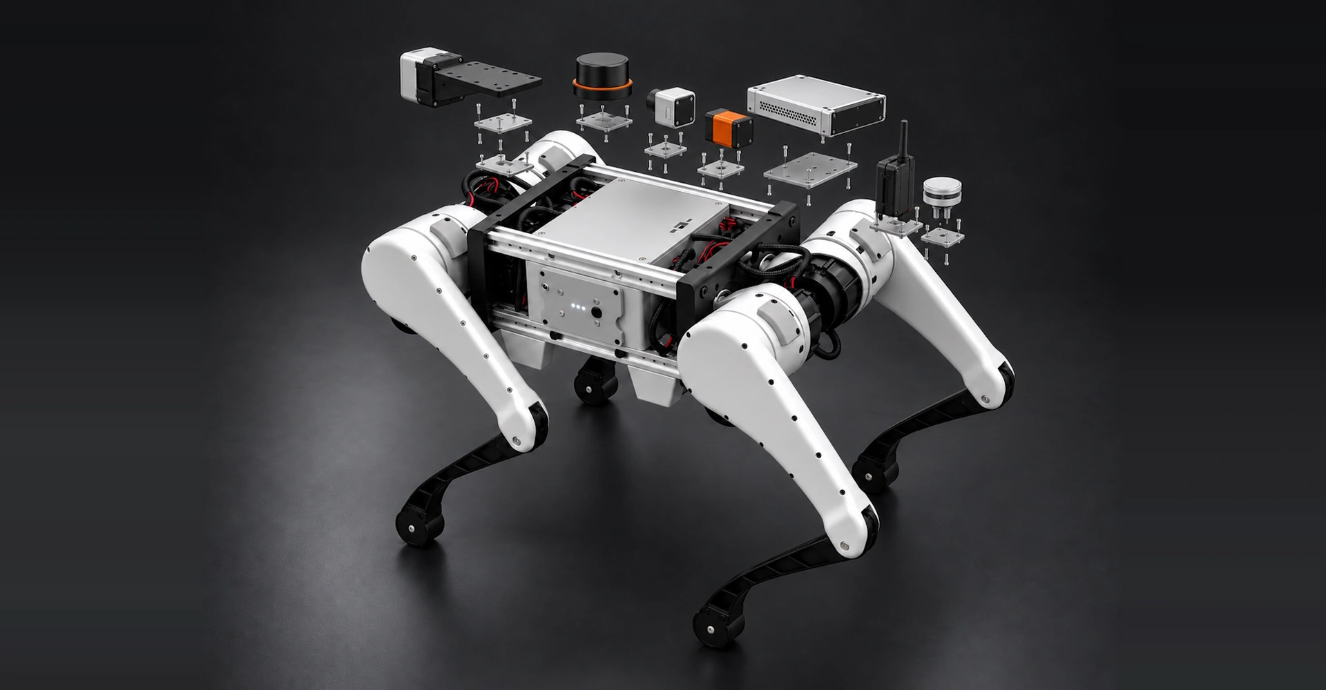 Exploded view of optional D2 compute, camera, LiDAR, modem, and sensor modules