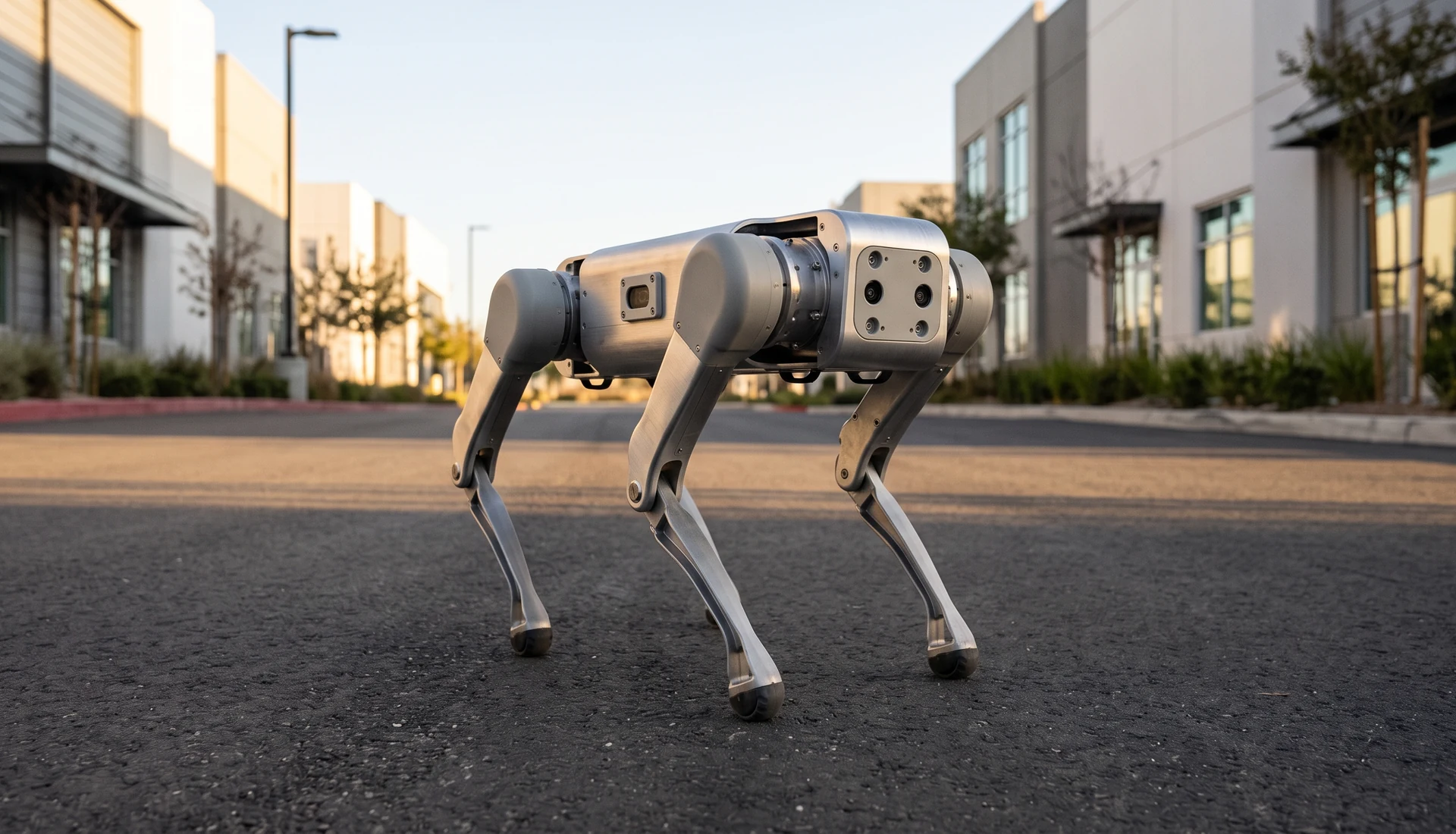Kinatric D2 quadruped robot walking through a U.S. industrial campus